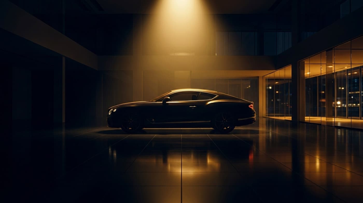 A luxury car under a dramatic spotlight in a dark showroom
