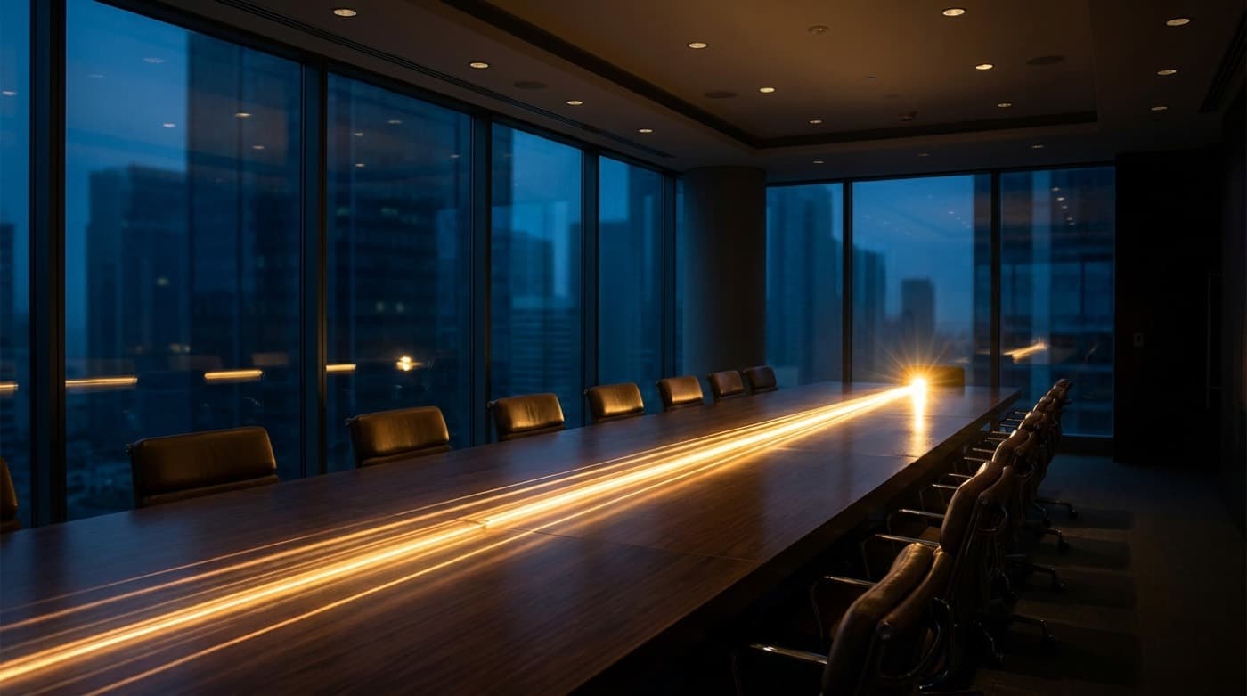 A golden light trail running the length of a dark boardroom table