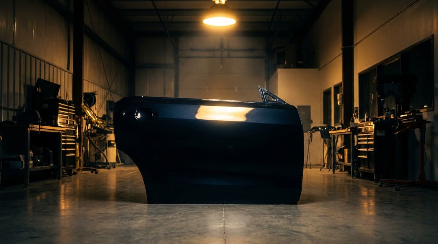 A freshly painted glossy car door panel under warm light in a dark body shop