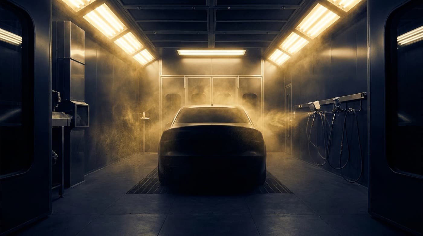 A car silhouette in a spray booth under dramatic golden downlight