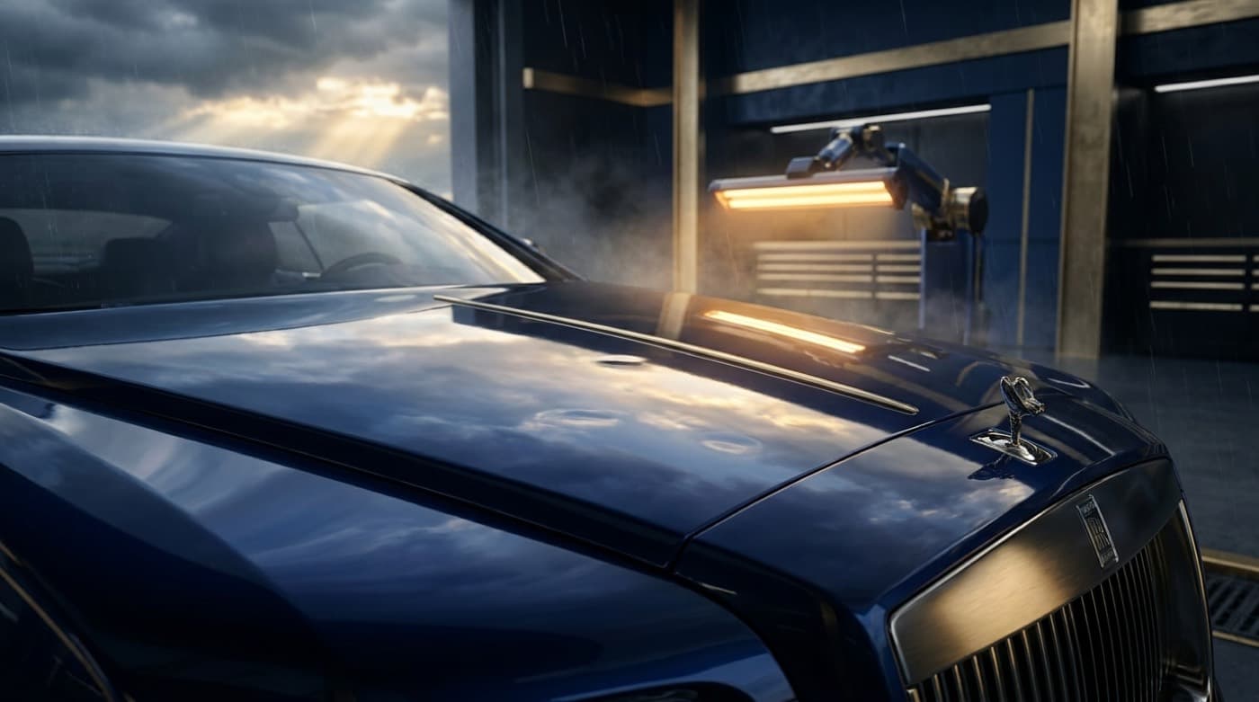 A storm sky breaking to golden light over a glossy car hood