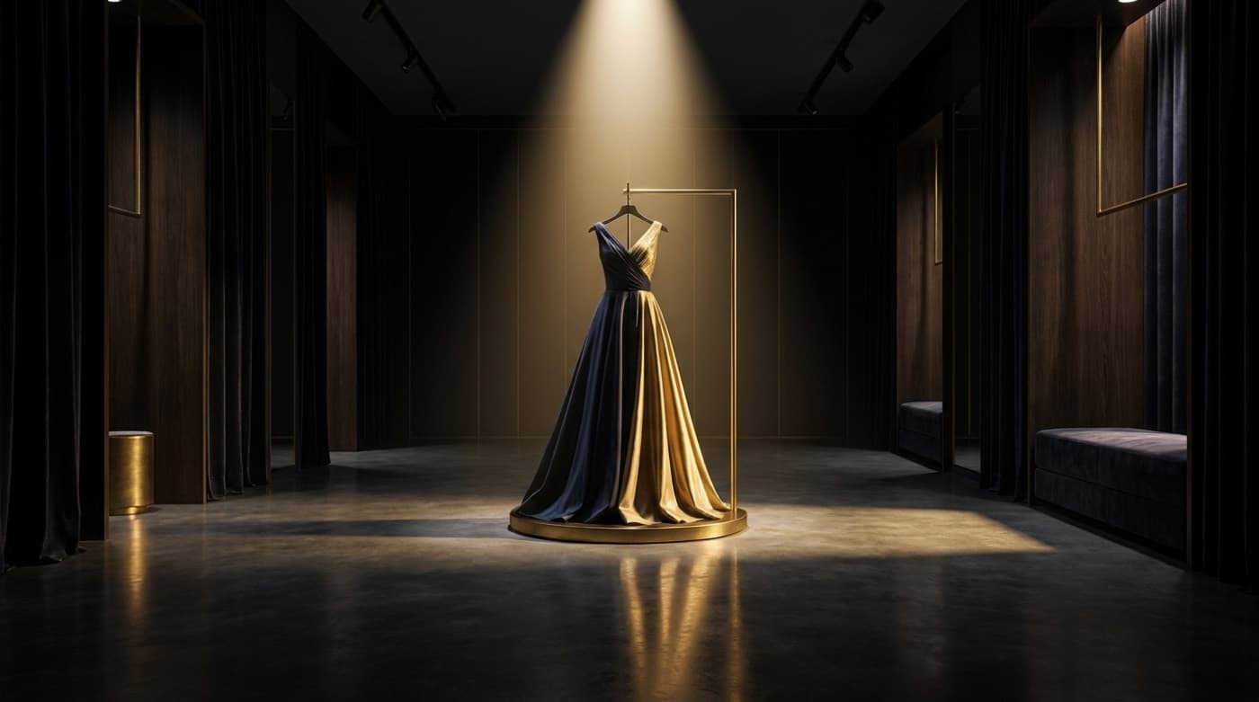 A single garment spotlit in a dark boutique interior