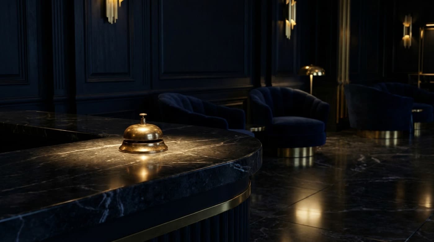 A golden concierge bell on a marble desk in a dark hotel lobby