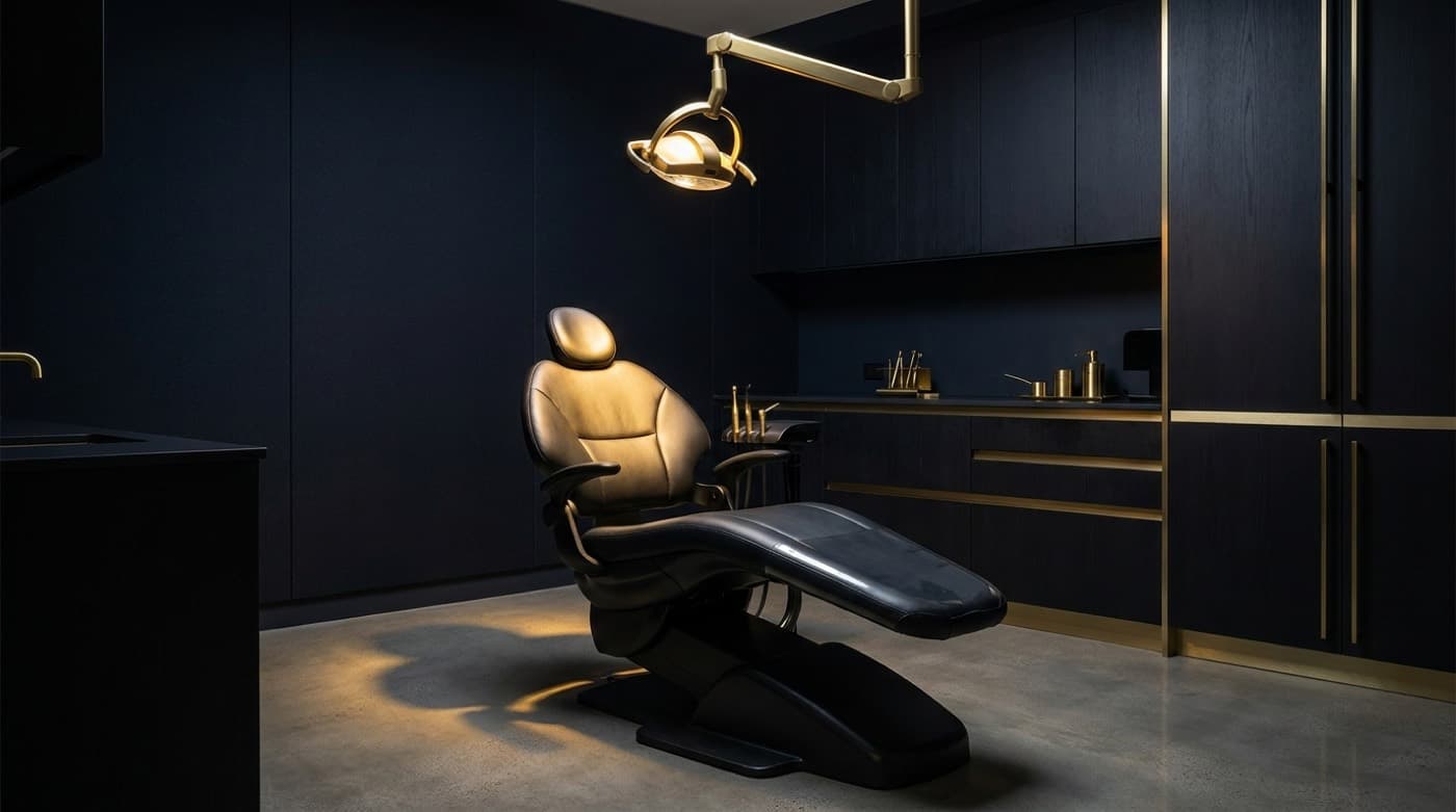 A modern dental treatment chair under a warm light in a dark clinic