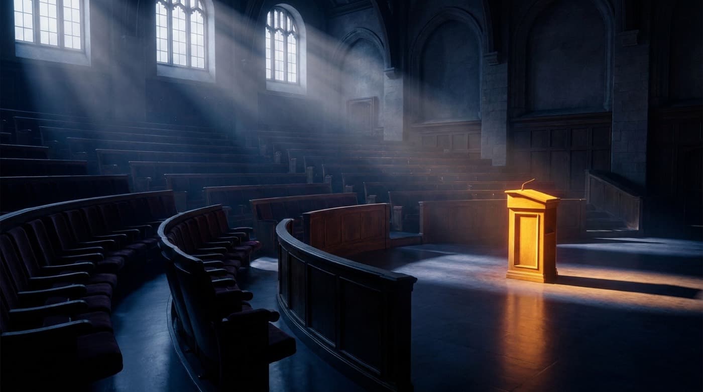 A dark lecture hall lit by a golden podium light