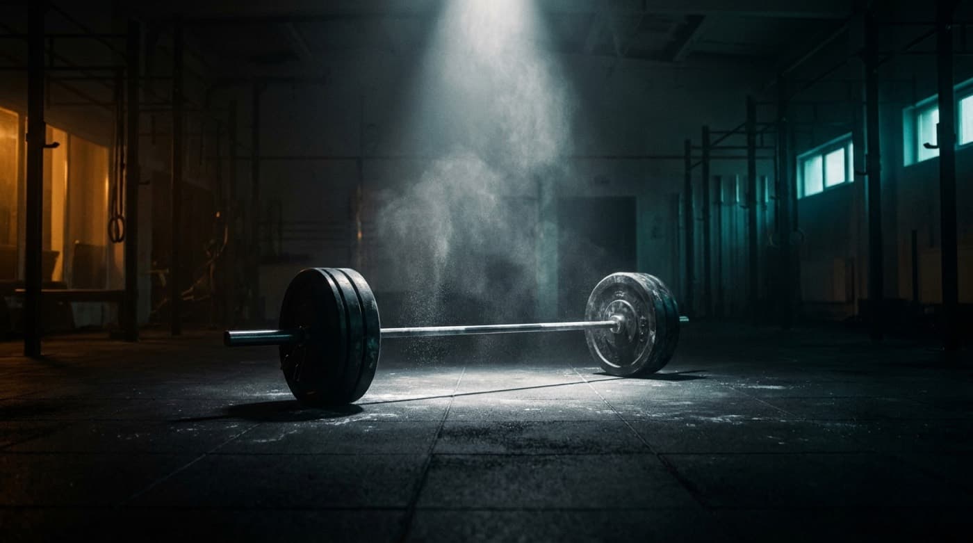 A loaded barbell under a single overhead light in a dark gym