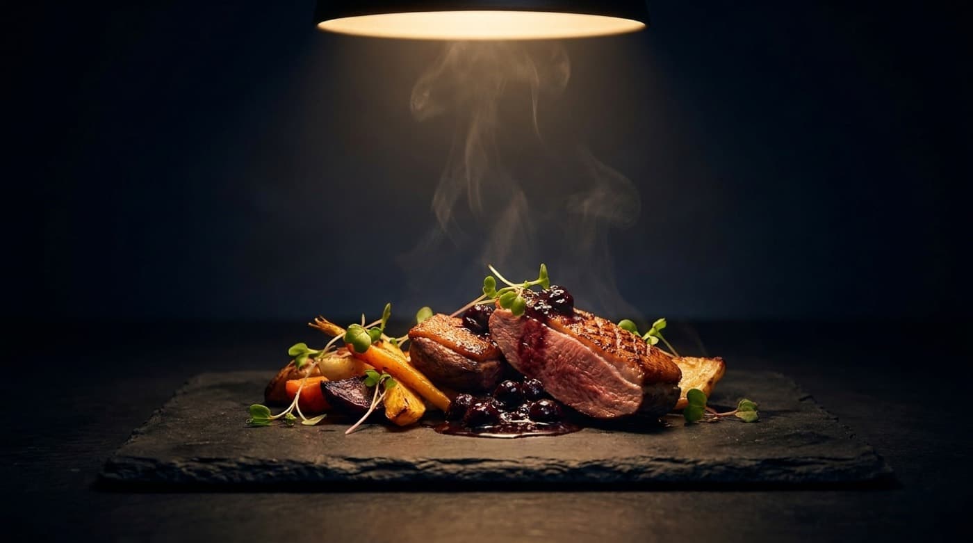 An elegant plated dish under a warm spotlight on dark slate