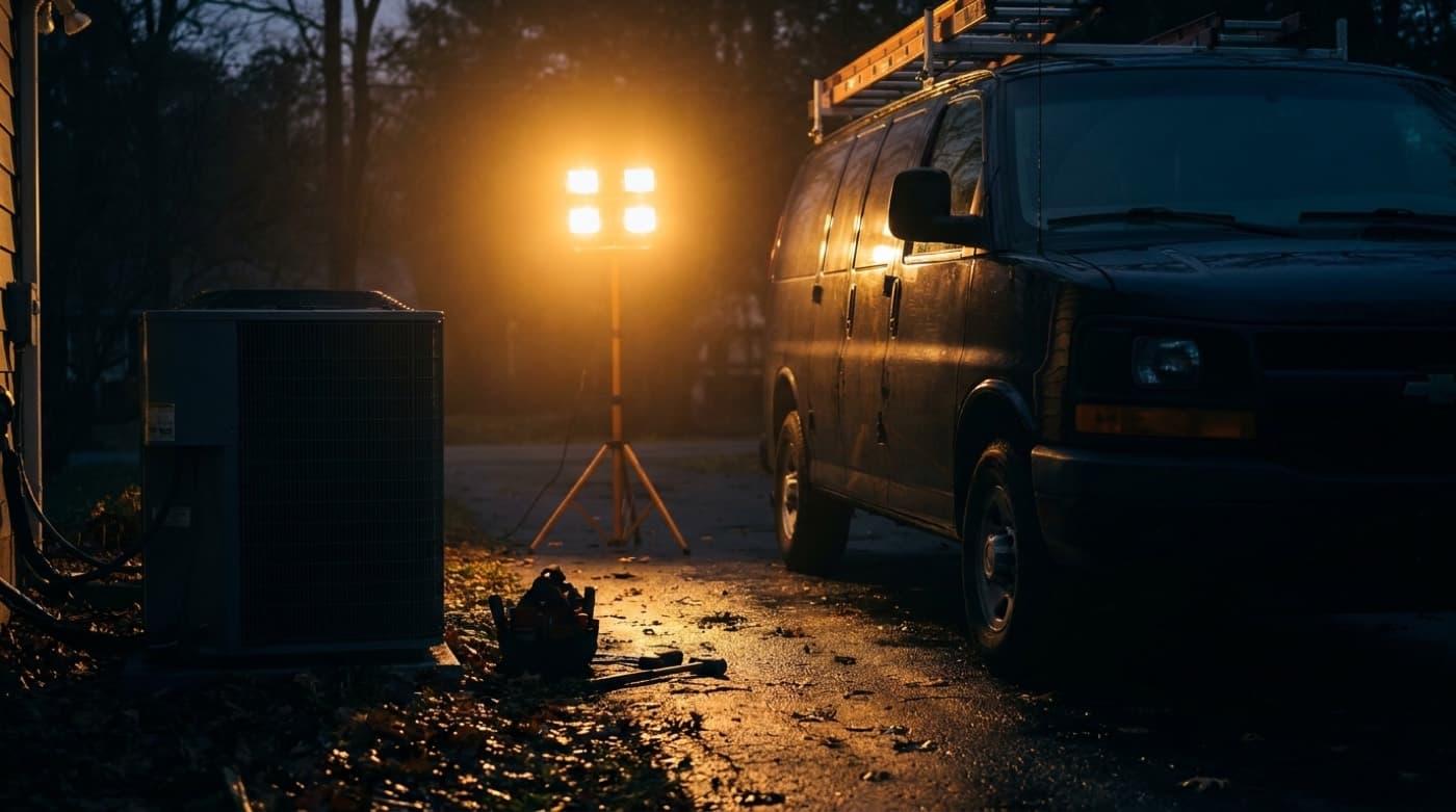 A service van and HVAC unit under a work light in a dark driveway at dusk