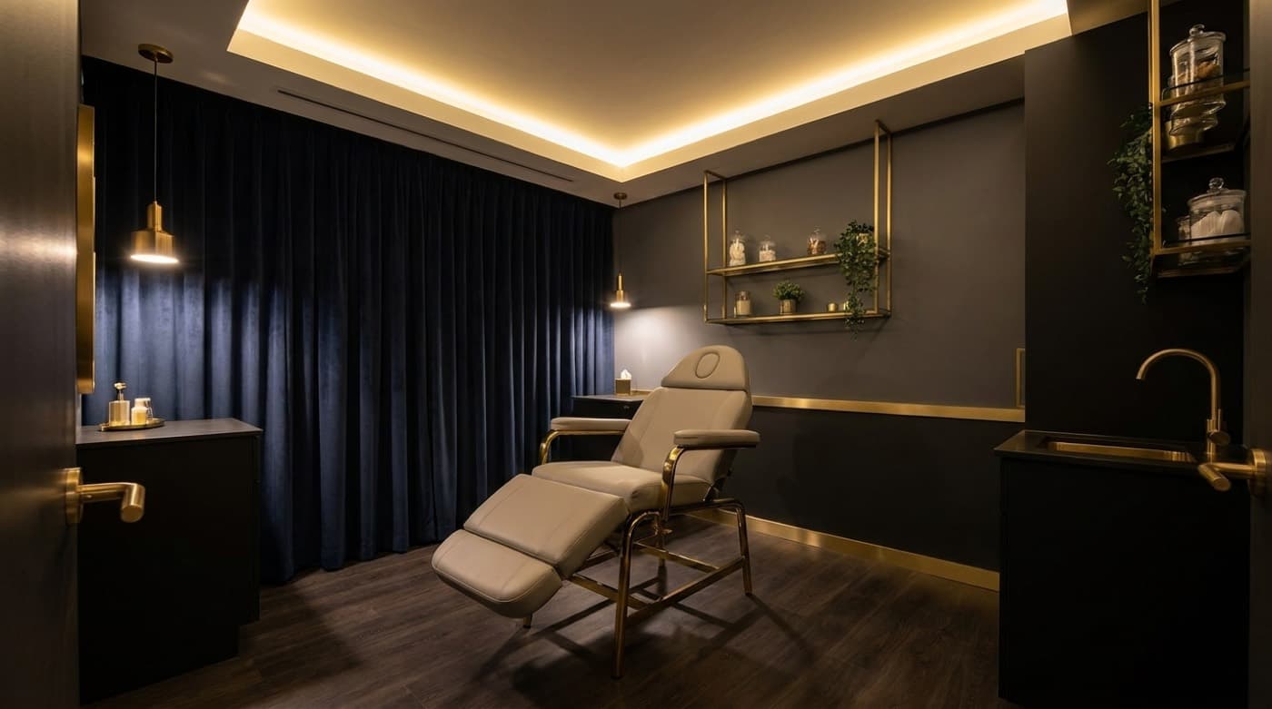 A serene med spa treatment room under soft warm light