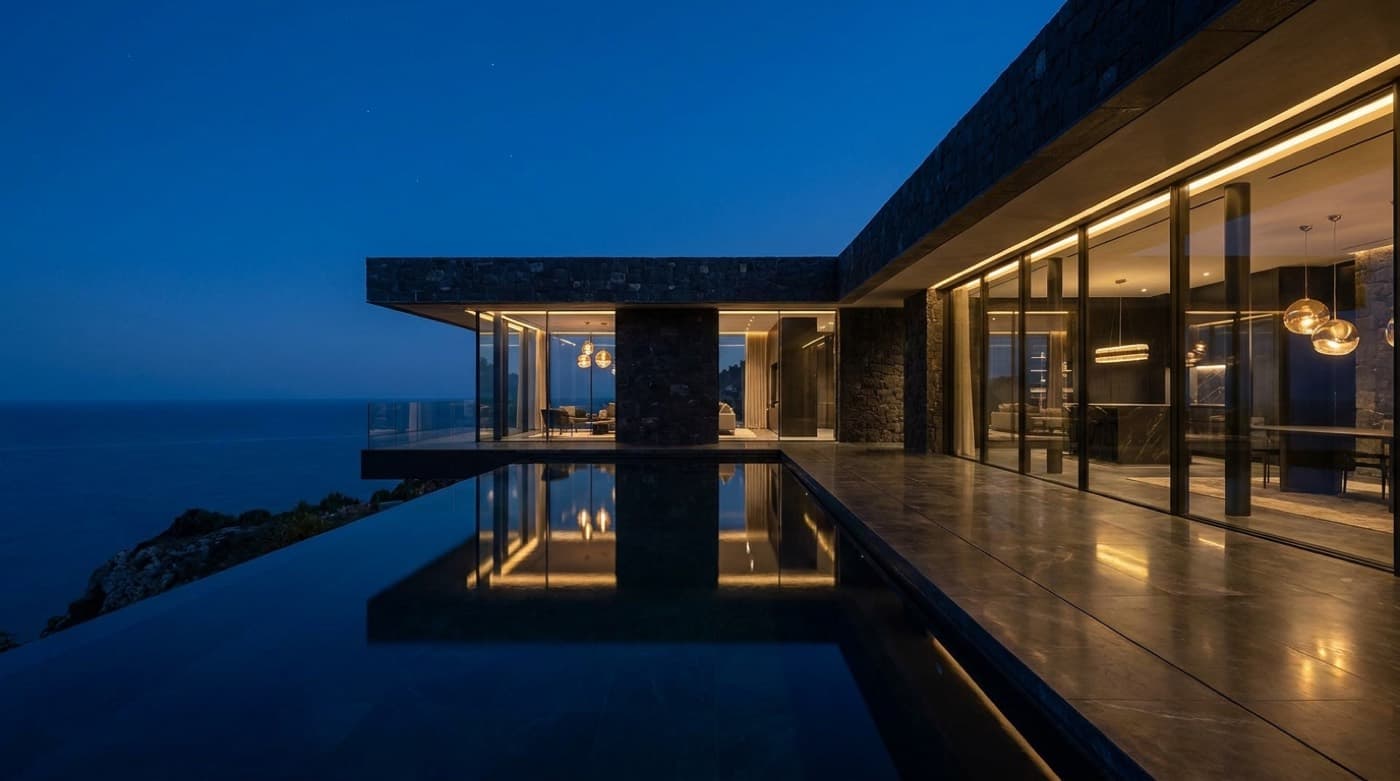 A modern glass-and-stone house glowing at dusk