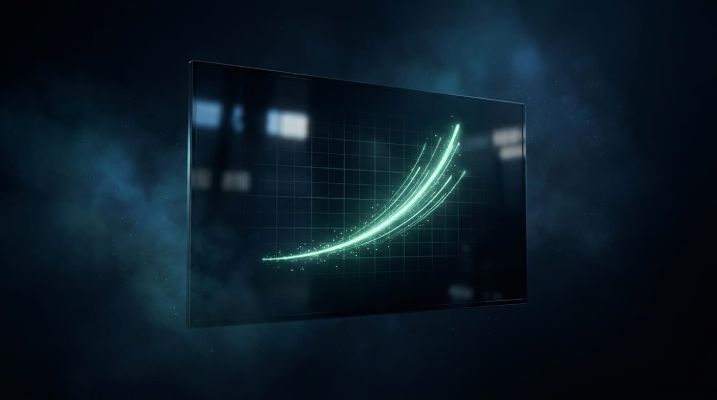 A rising revenue curve glowing on a dark glass screen