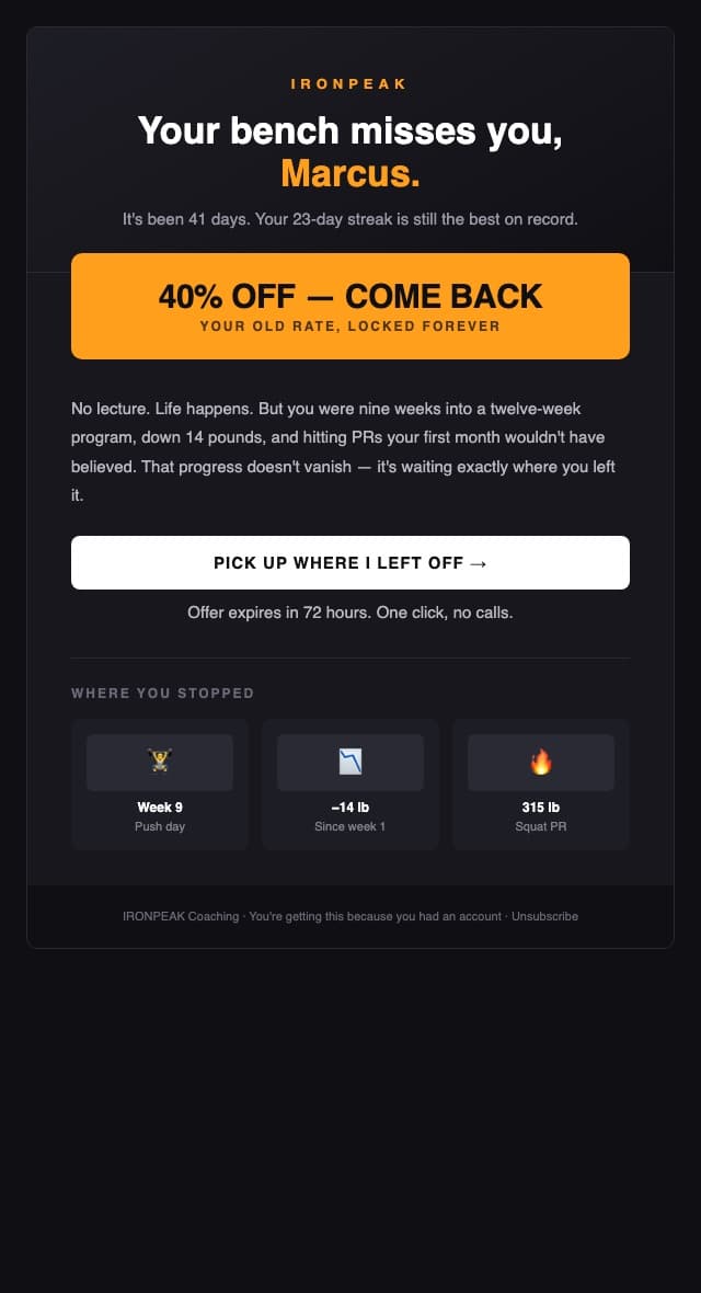 IRONPEAK win-back email